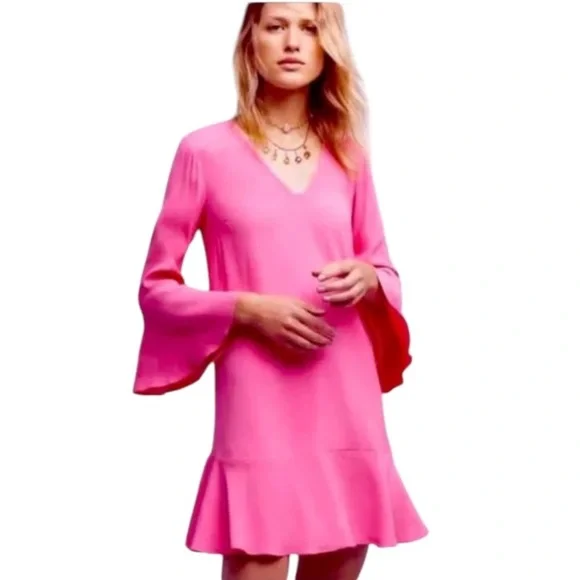 Anthropologie Dress Womens 4 HD In Paris Bell Sleeve Barbie Pink Feminine Mini - Picture 1 of 9